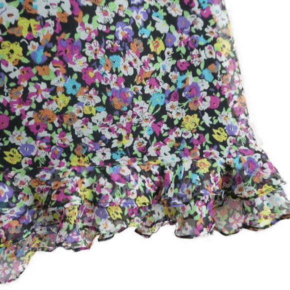 Silk Vintage Floral Midi Skirt Lined Ruffled Hem A Line Elastic Pull On Waist - Picture 4 of 9